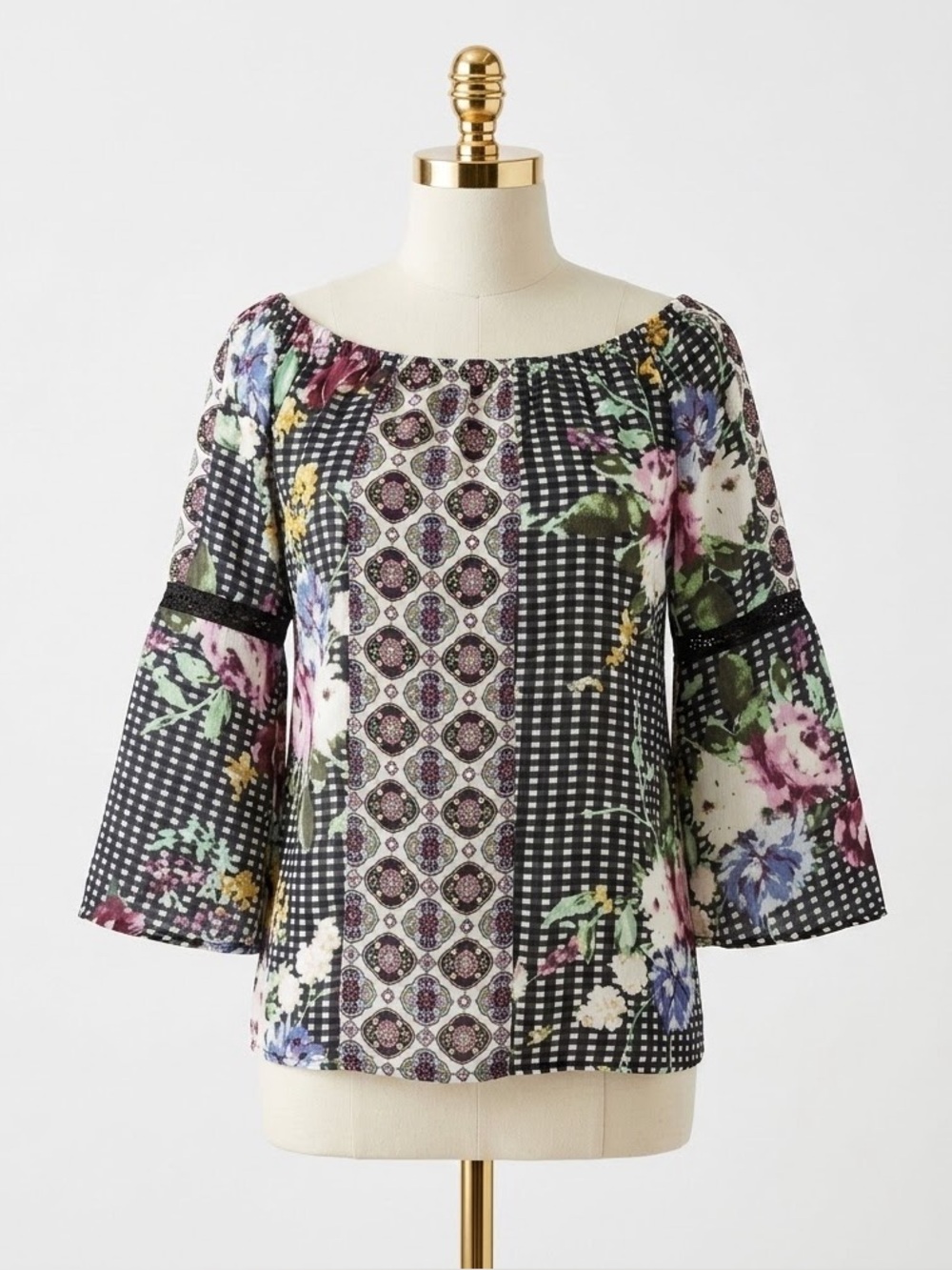 Fig and Flower Boho Floral Gingham Off Shoulder Bell Sleeve Peasant Blouse Top P